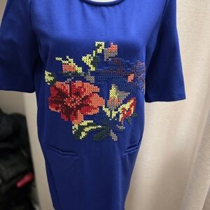 Stylish Royal Blue Floral Embroidered Women's Dress